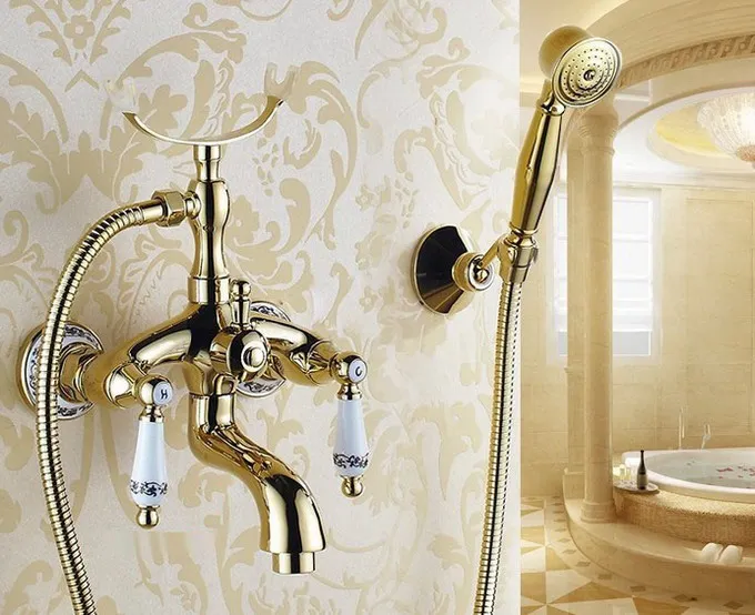 Luxury Gold Color Brass Wall Mount Bathroom Bathtub Faucet Set WITH/ 1500MM Handheld Shower Spray Head Mixer Tap Dtf406
Luxury Gold Color Brass Wall Mount Bathroom Bathtub Faucet Set WITH/ 1500MM Handheld Shower Spray Head Mixer Tap Dtf406