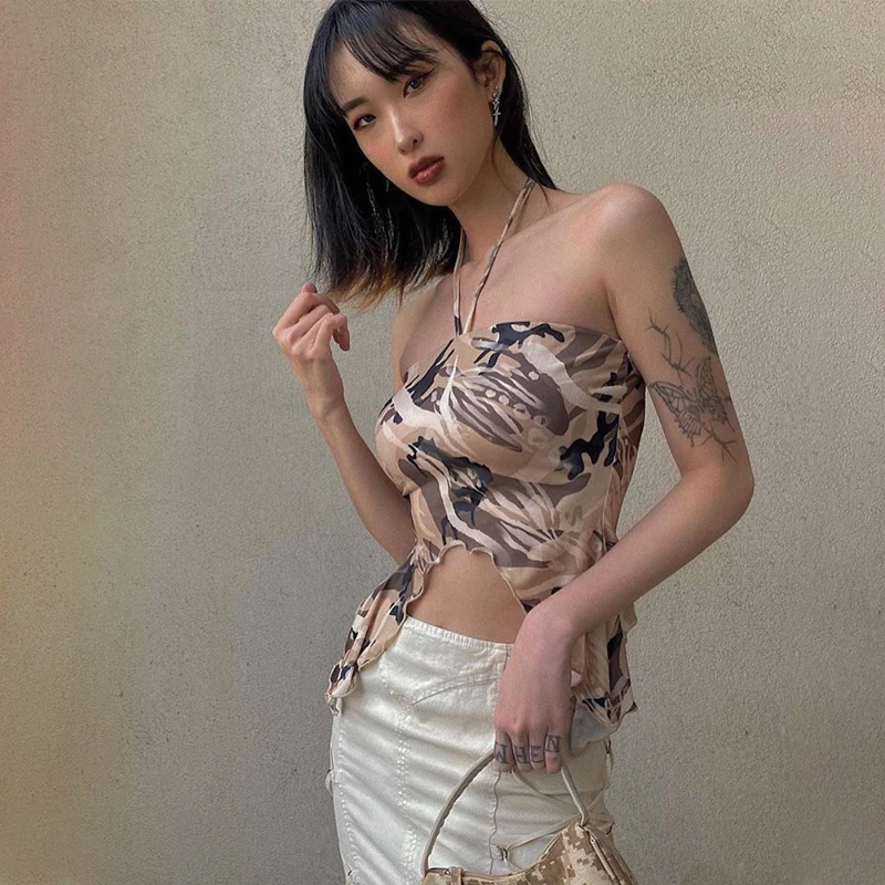 LVINMW Sexy Halter Drawstring Strapless Sleeveless Backless Crop Top 2020 Summer Women Camouflage Fashion Camis Tops Club Party