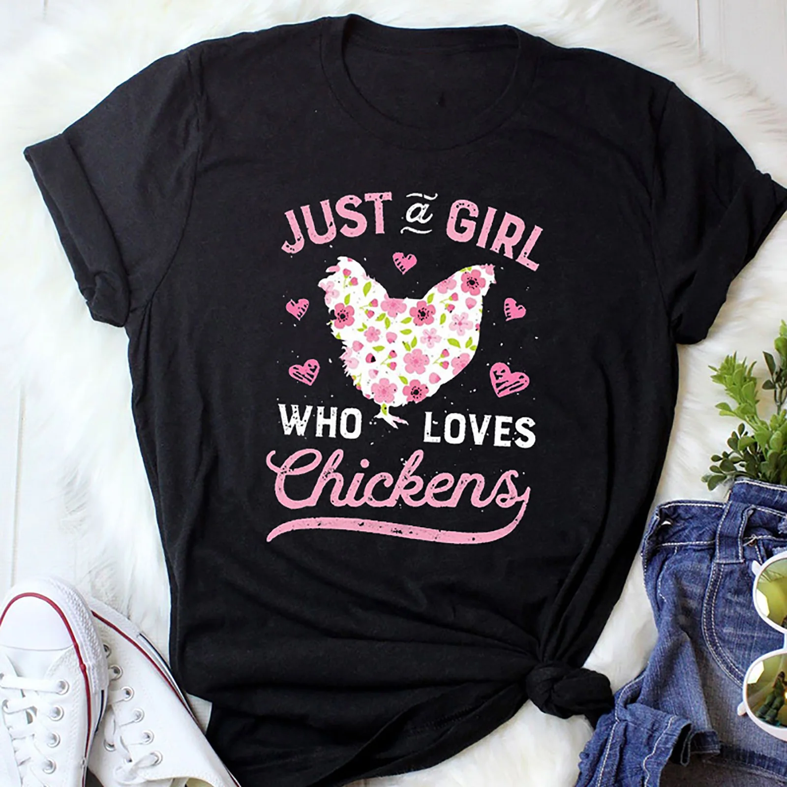 Just A Girl Who Loves Chickens Print Women Funny T-shirts Harajuku Short Sleeve Summer Kawaii Fashion Tee Shirt Tops Streetwear | Женская