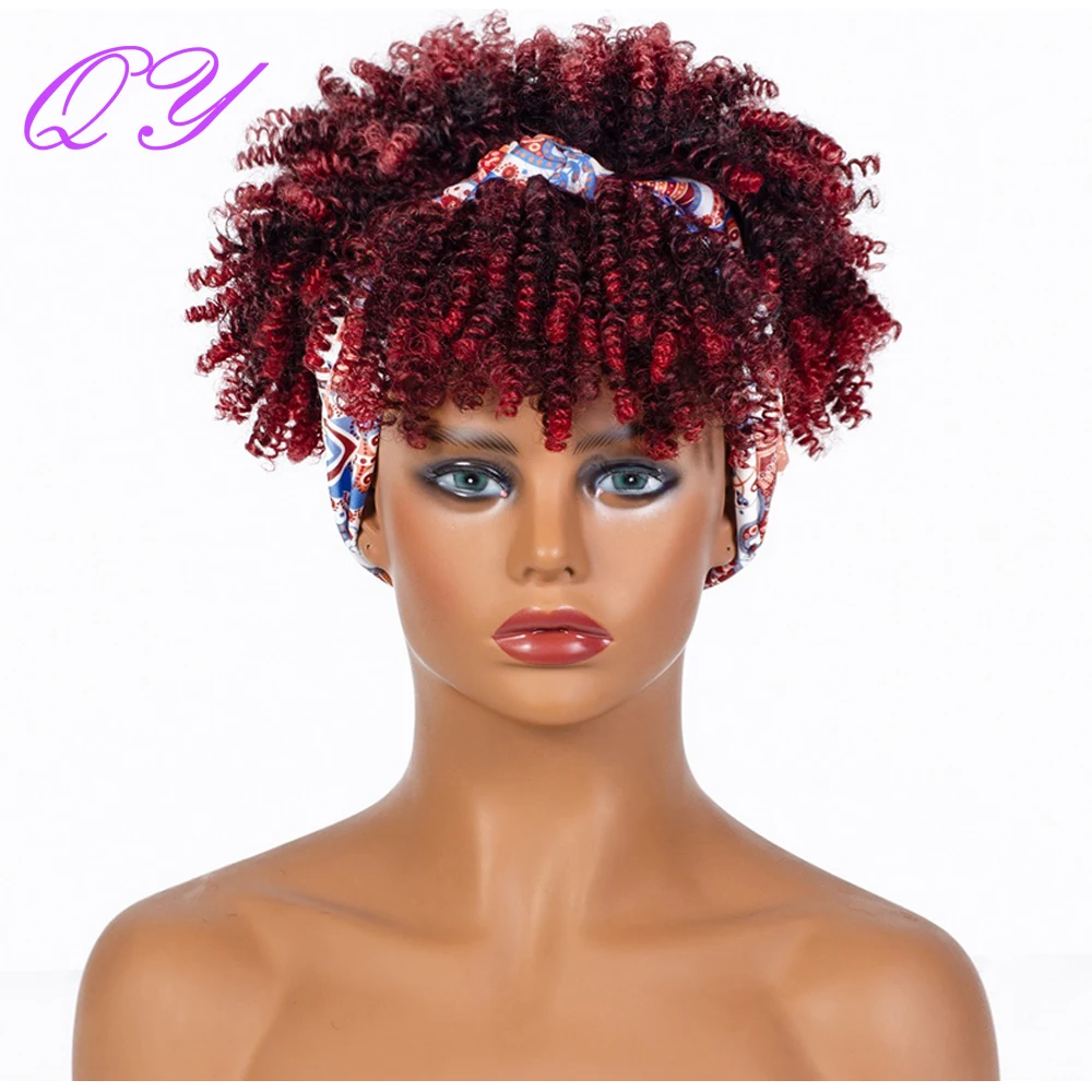 

11inch Women's Headband Synthetic Wig Red Ombre Nature Soft Afro Kinky Curly Wig High Temperature Hair Tie Daily Wear Full Wigs