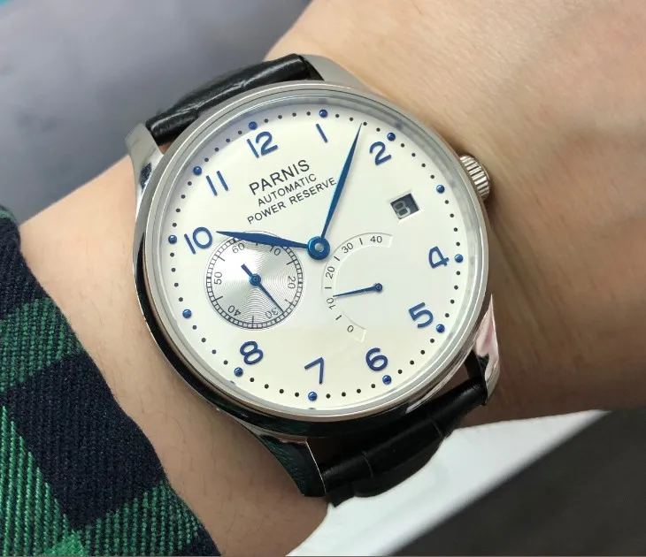 43mm PARNIS White dial power reserve Automatic Self-Wind Mechanical movement Auto Date men's watch Mechanical watches pa011-20
43mm PARNIS White dial power reserve Automatic Self-Wind Mechanical movement Auto Date men's watch Mechanical watches pa011-20