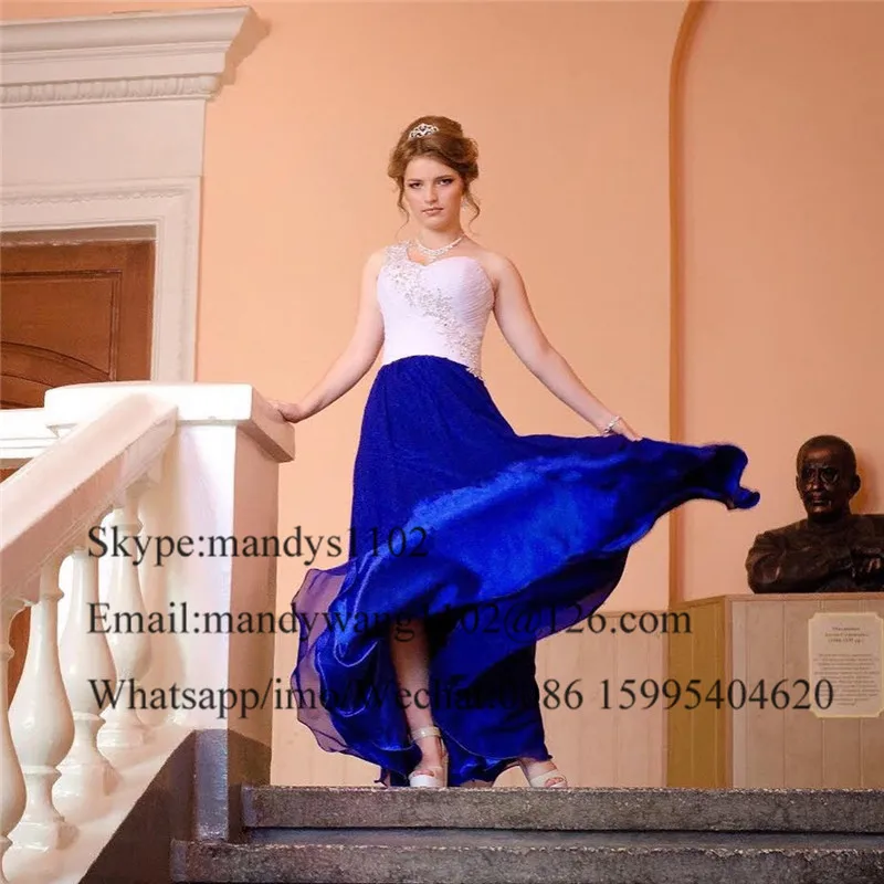 Elegant One Shoulder Long Prom Dress 2020 Ruffled Chiffon Royal Blue Turkish Evening Gowns Beading Crystal rochii de ocazie