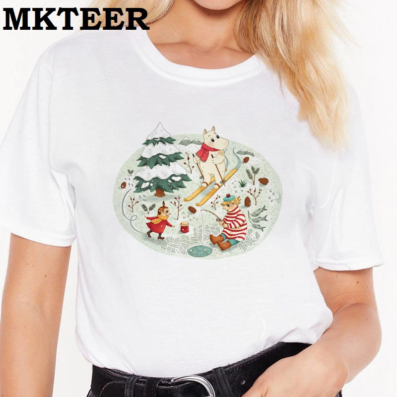 

Women's New Camiseta Mujer Harajuku T Shirt Moomins Skiing Kawaii Aesthetic Casual Summer Fashion Vogue Ulzzang Tops