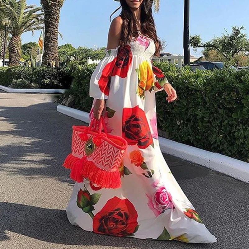 Фото Платье женское длинное с цветочным принтом пляжная одежда драпировкой открытыми