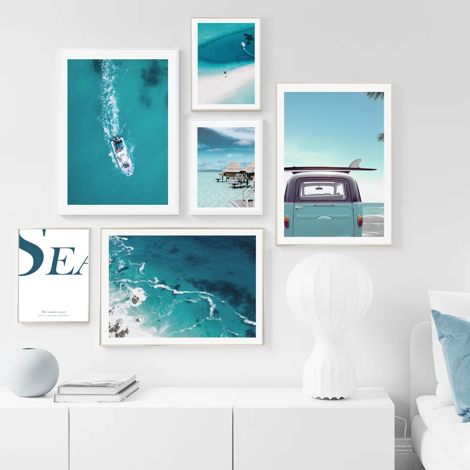 Ocean Car Boat Beach Tropical Seascape Wall Art Canvas Painting Nordic Posters And Prints Pictures For Living Room Decor | Дом и сад