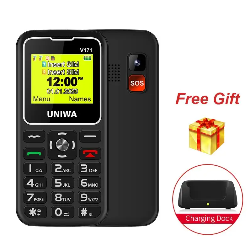 

UNIWA V171 2G GMS Mobile Phone 1000mAh Feature Phone For Elderly Man Cellphone Wireless FM SOS 1.77" Screen Free Charging Dock