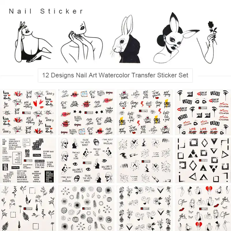 12pcs English Phrases Nails Stickers Water Decals Slider Geometric Girl Leaf Valentine Gift For Nail Art Decorations Zjt4086 Stickers Decals Aliexpress