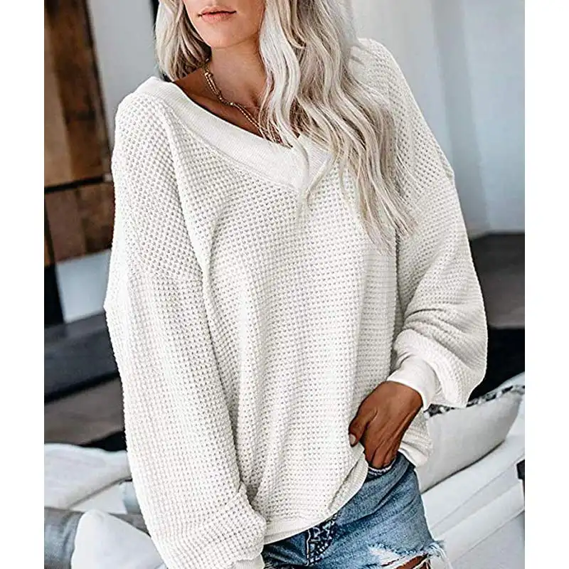 Women Long Sleeve Waffle Knit Tops Off Shoulder Pullover Sweater Top 4
