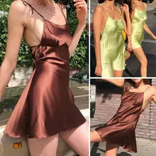 Mulheres de Cetim de Seda Sólida Vestido Bandage Bodycon Verão Sexy Correias Vestidos Slim Fit Lady Club Party Sexy Mini Vestido Shien vestidos(China)