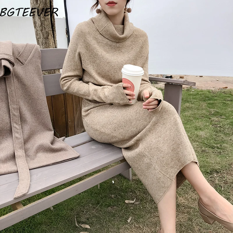 Winter Turtleneck Lace Up Knitted Long Full Sleeve Dress Winter Turtleneck Lace Up Knitted Long Full Sleeve Dress