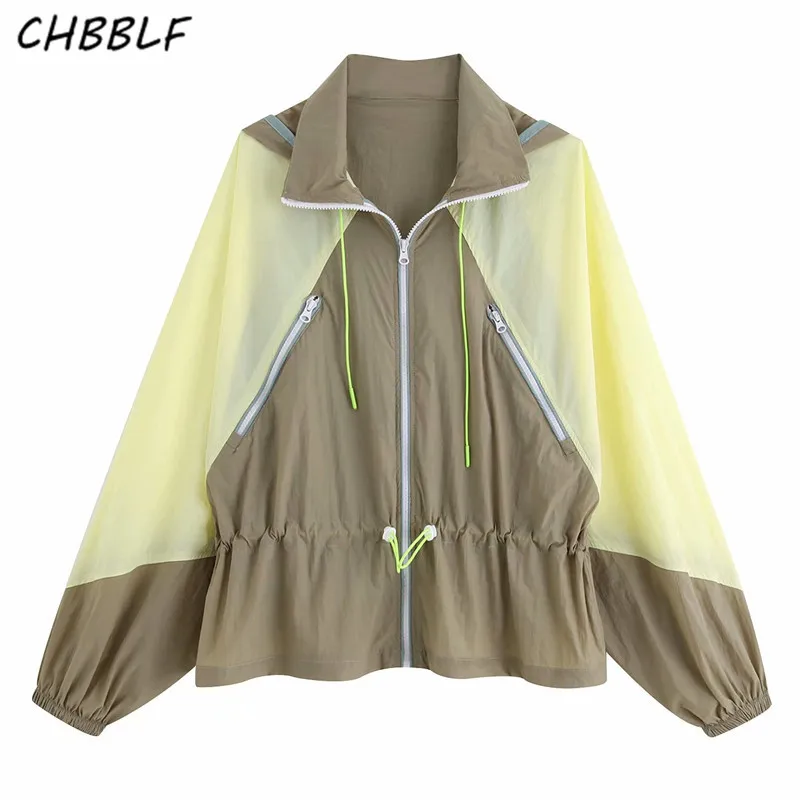 

CHBBLF women elegant patchwork loose hooded jacket drawstring tie zipper fly female outwear casual coat tops BGB9474