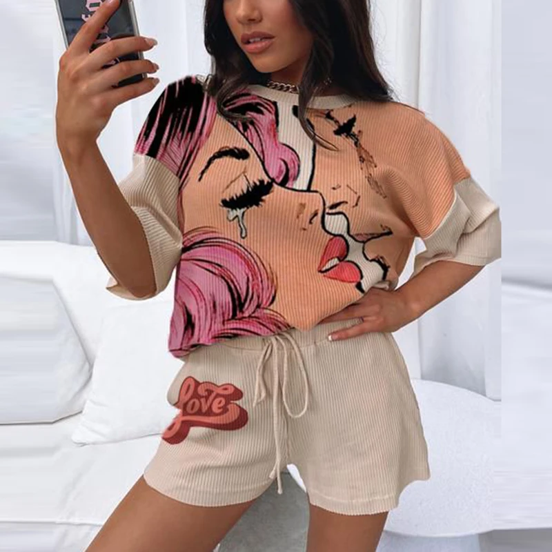 Streetwear Outfit Harajuku Women Cartoon Shirt Short Sleeve Chic Print Plus Sweatpants Set JKP4728