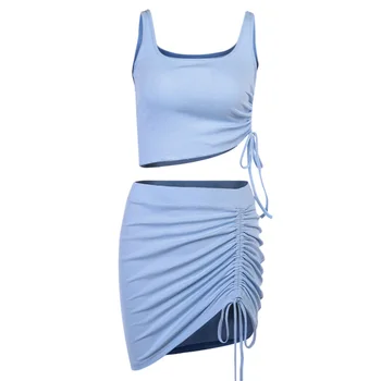 Women's Sports Outfits 2-Piece Fashion Wild Pleated Lace Up Drawstring Vest + Skirt Suit Solid Color 
Women's Sports Outfits 2-Piece Fashion Wild Pleated Lace Up Drawstring Vest + Skirt Suit Solid Color