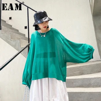 

[EAM] Women Multicolor Green Knitting Perspective Big Size T-shirt New Round Neck Long Sleeve Fashion Spring Summer 2020 1T835