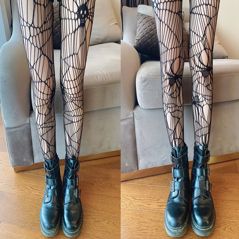 

Darkness Style Women's Pantyhose Gothic Halloween Spider Web Skull Mesh Hollowed-Out Black Fishnet Stockings Sexy Nylon Tights