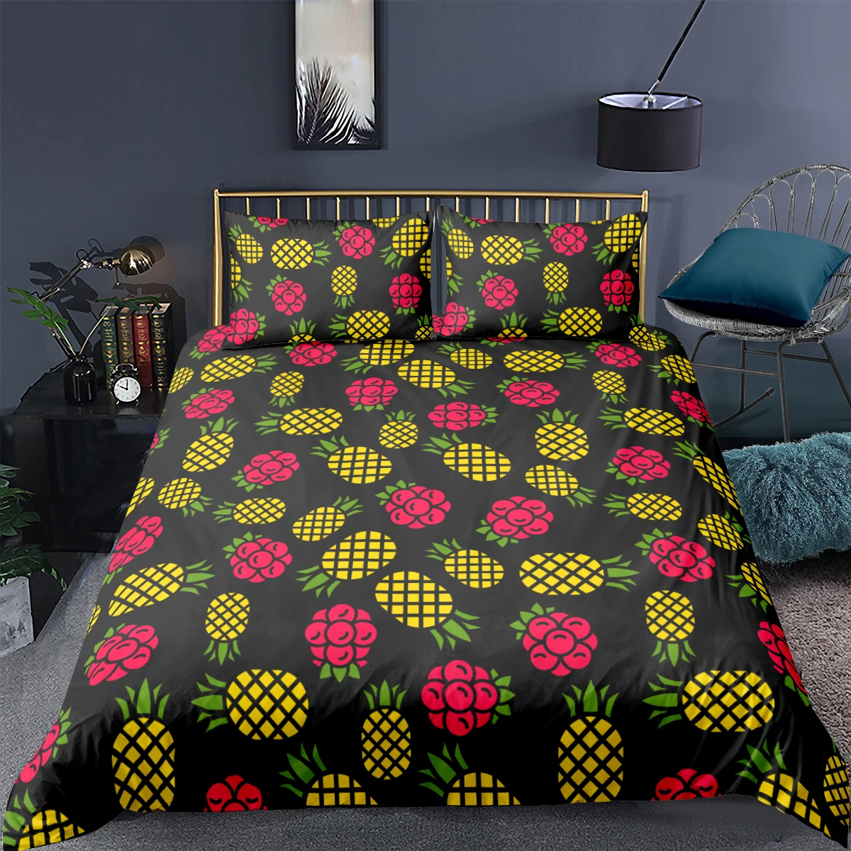 

3D Black Duvet Cover Sets Pineapple Bed Linens Pillow Shams King Queen Super King Twin Double Size 180*210cm Modern Beddings