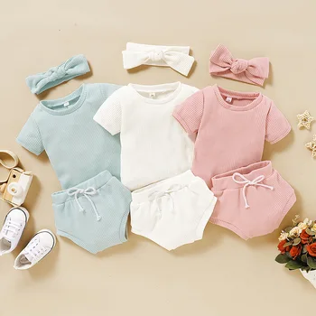 Summer Cotton Baby Clothing Set Girls Suit Solid Color Fashion Short Sleeve Tee Shirts Breifs Headband 3Pcs Toddler Boys Clothes
Summer Cotton Baby Clothing Set Girls Suit Solid Color Fashion Short Sleeve Tee Shirts Breifs Headband 3Pcs Toddler Boys Clothes