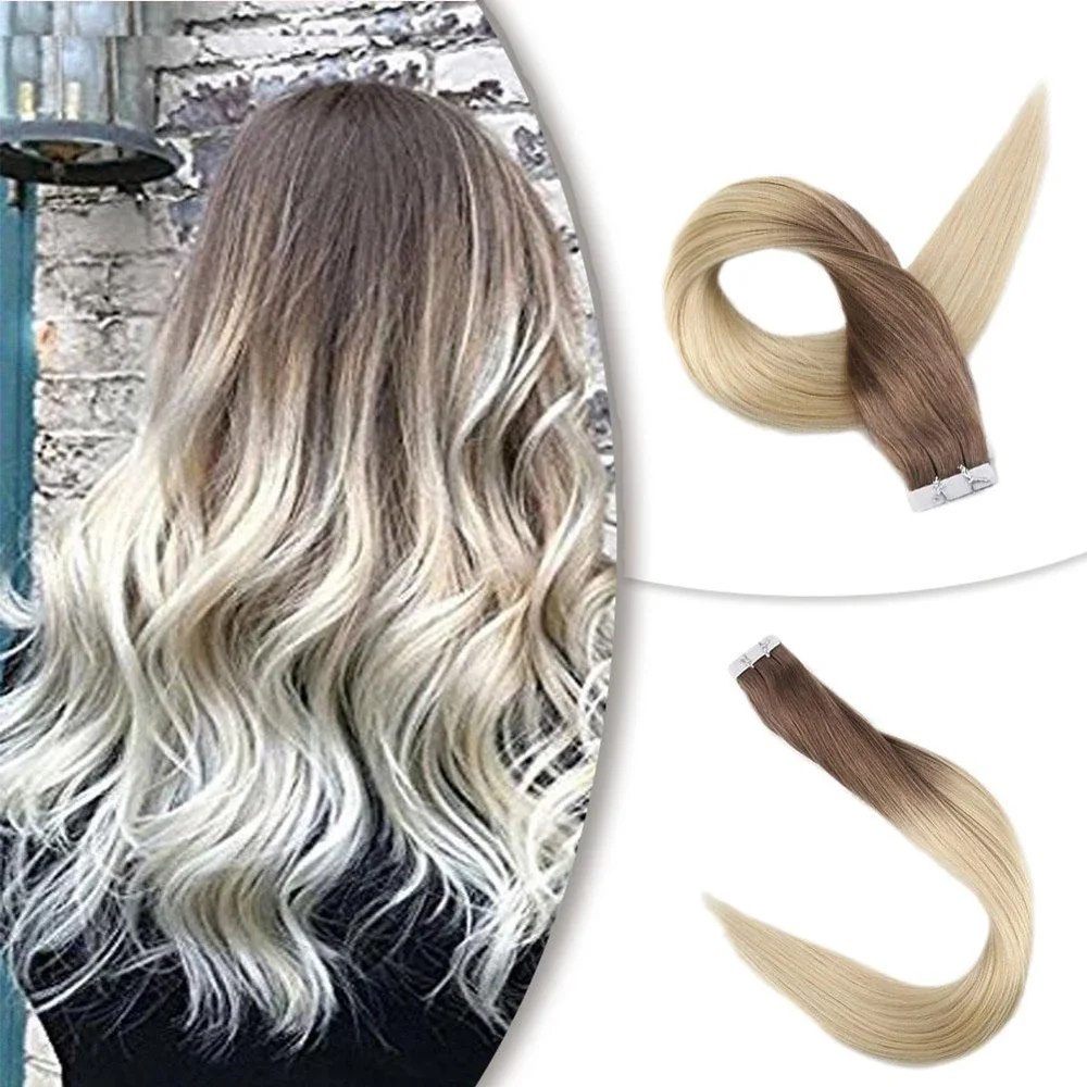 

Full Shine Ombre Balayage Tape in Hair Color #6t613 Blonde 100% Human Hair 20Pcs 50g Tape On Hair Invisible machine made remy