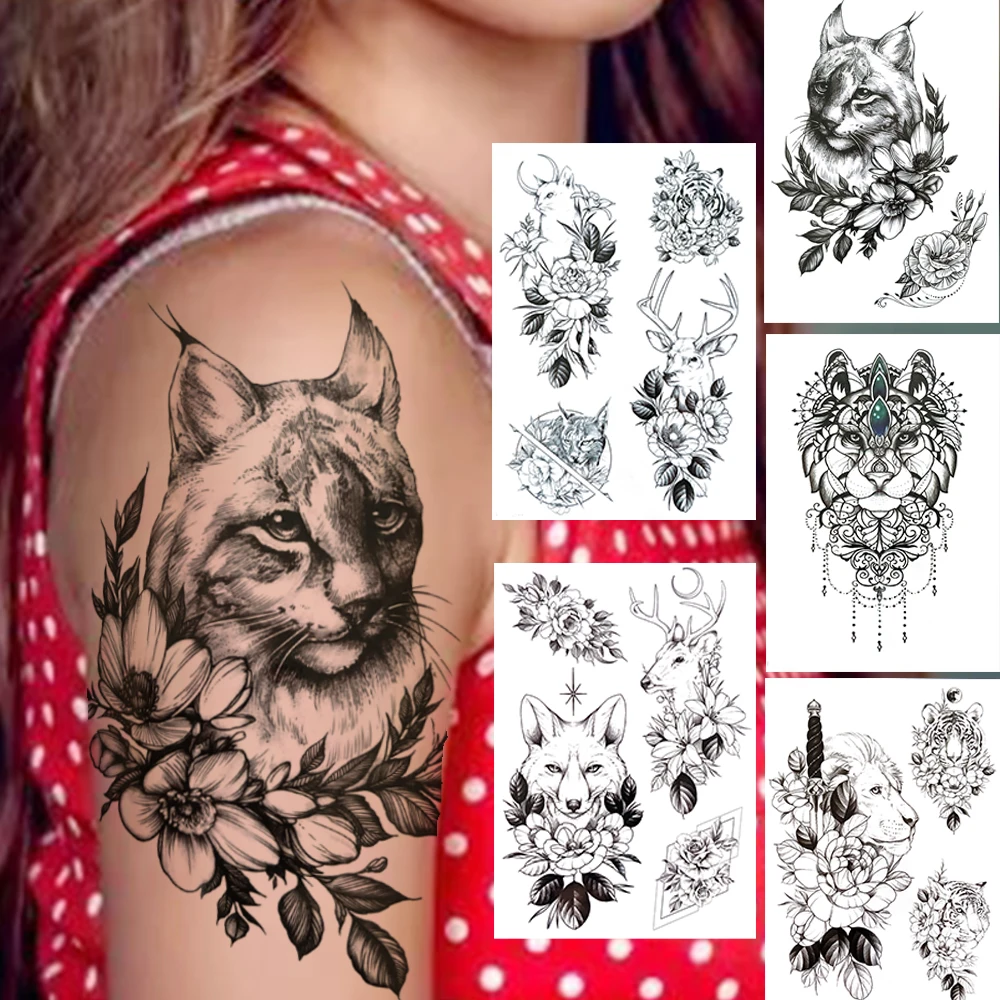 

Realistic Cat Flower Temporary Tattoos For Women Men Adults Black Wolf LIon Tiger Elk Owl Tattoo Sticker Fake Sword Tatoos Decal