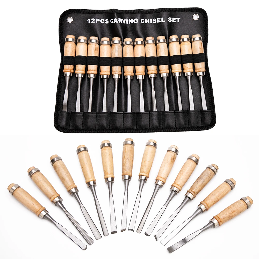 12Pcs/set Manual Wood Carving Hand Chisel Tool Set Woodpecker DIY Hand Tools Woodcut Knife Tool Set Woodworking