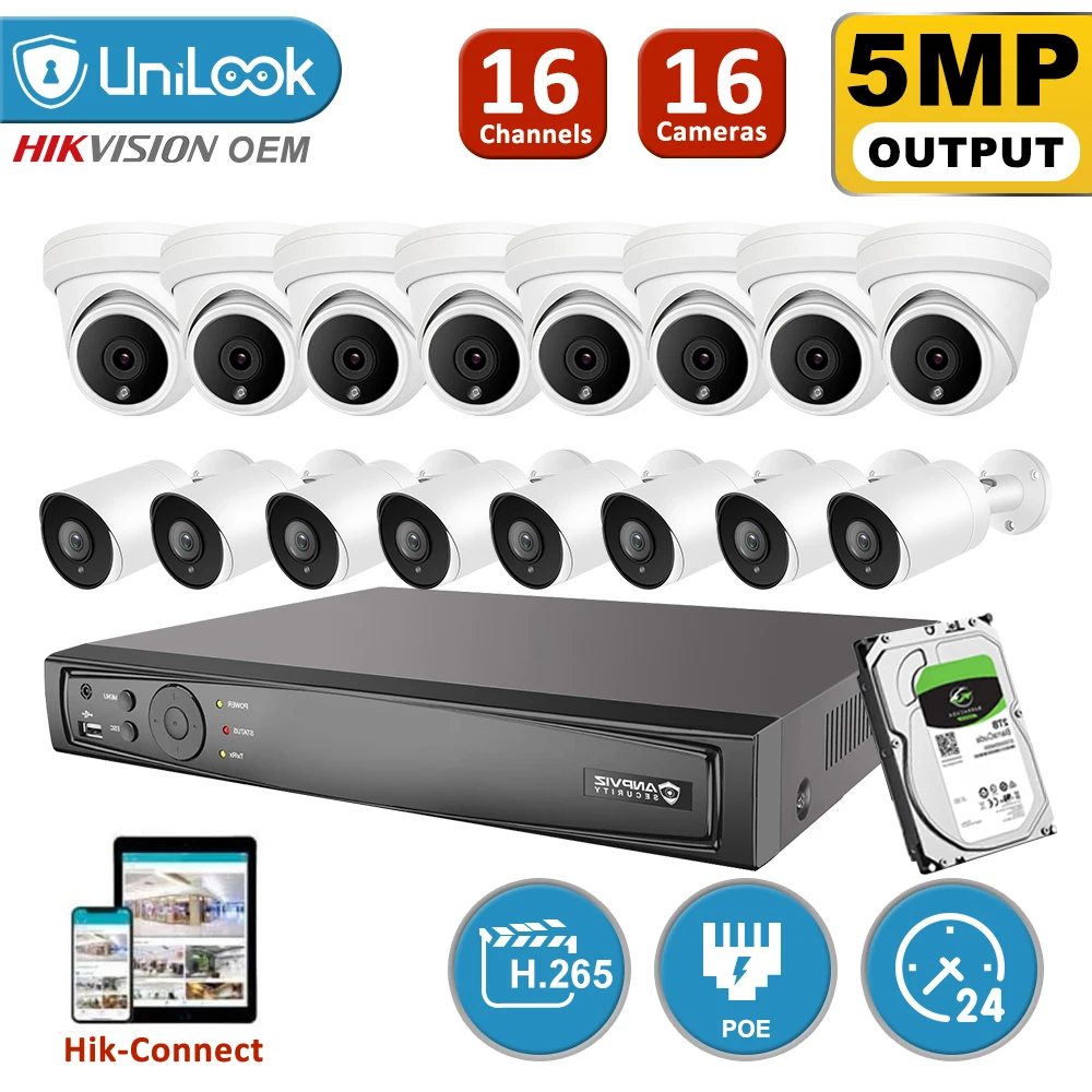 

UniLook Security System 16CH NVR 16Pcs 5MP Turret Bullet Mixed POE IP Outdoor Camera NVR Kit IR Nivht Vision 30m P2P View H.265+