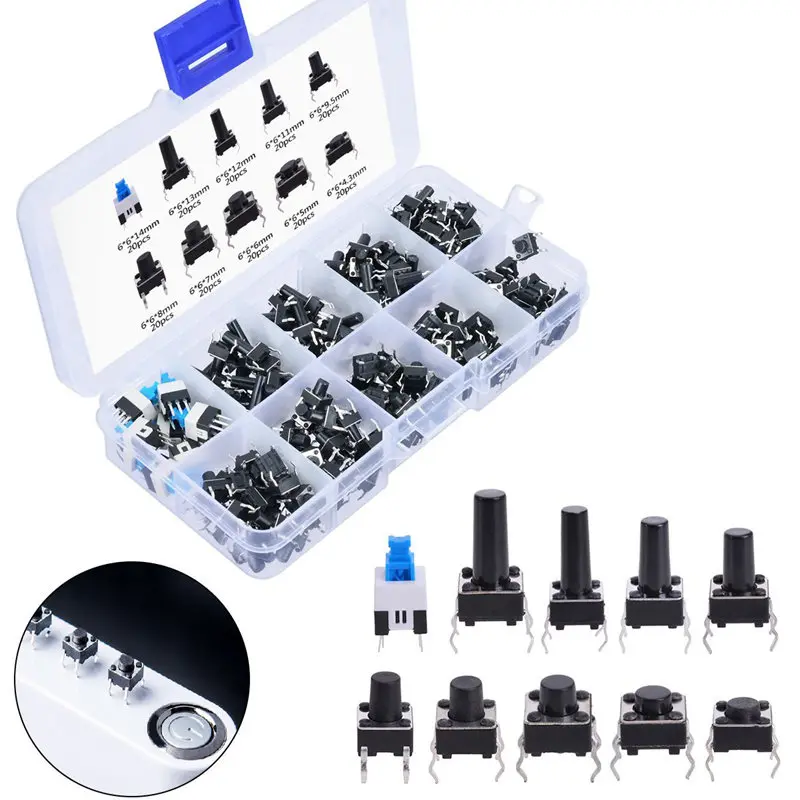 

180 pieces 4 pin push button switch 10 Values Tactile push button switch Momentary Tact assortment kit Various sizes with plasti