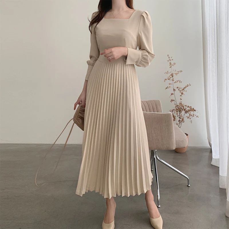 

Korea Women Autumn Casual Solid Party Dress Long Sleeve Elegant Chic Elastic Waist Dresses