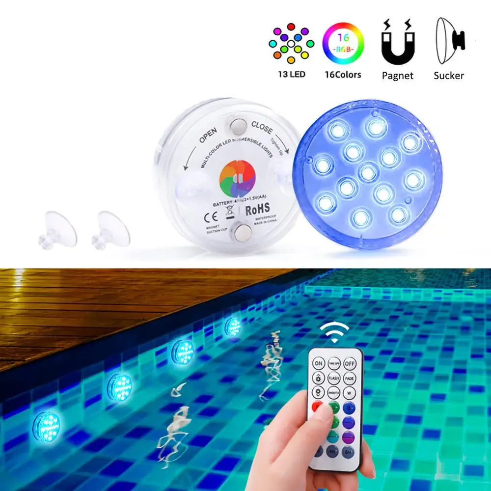 13 LED Pool Lighting IP68 Waterproof RF Remote Submersible Lights for Pond Fountain Underwater Lamp with Magnet And Suction Cup
13 LED Pool Lighting IP68 Waterproof RF Remote Submersible Lights for Pond Fountain Underwater Lamp with Magnet And Suction Cup