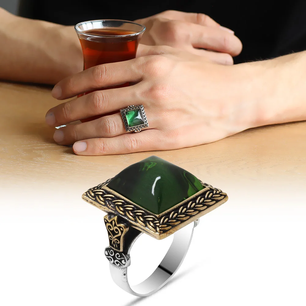 Tesbihane Зеленый Огненный янтарный камень квадратный дизайн 925 пробы Серебряное