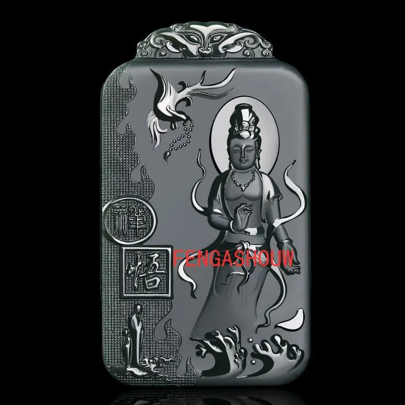 

Natural Hetian Jade Cyan Double-sided Engraving Guanyin Pendant Charm Jewellery Necklace for Women Men Fashion Accessies Amulet