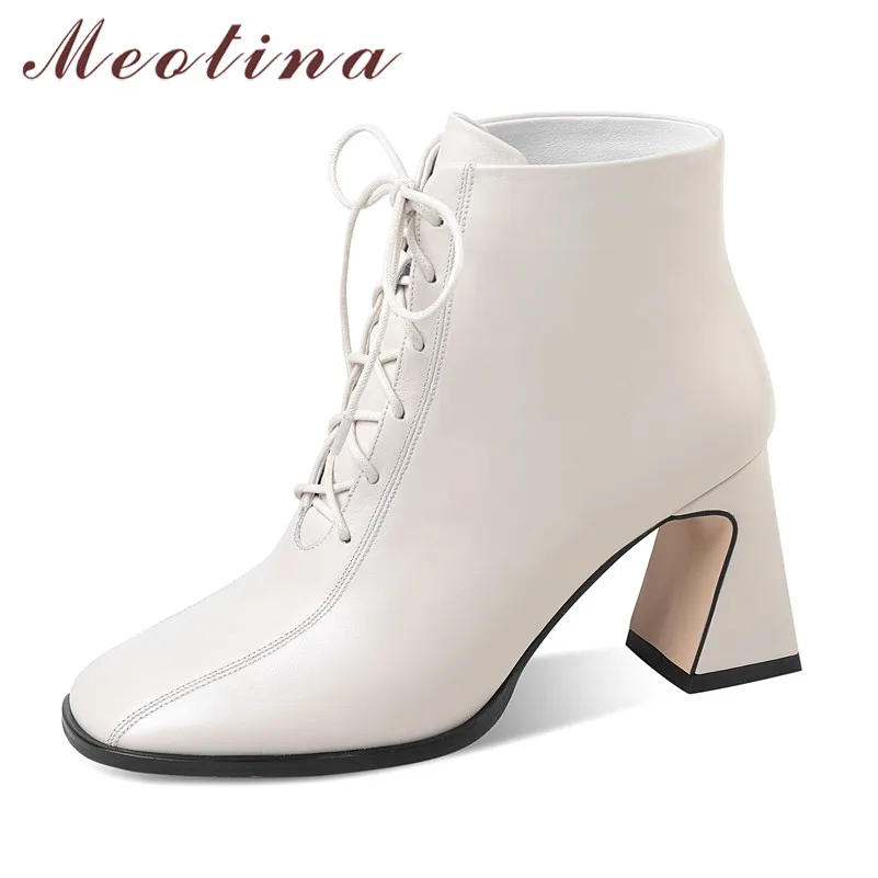 Meotina Women Short Boots Shoes Genuine Leather High Heel Ankle Boots Lace Up Strange Style Heels Ladies Boots Beige Size 34-41
Meotina Women Short Boots Shoes Genuine Leather High Heel Ankle Boots Lace Up Strange Style Heels Ladies Boots Beige Size 34-41