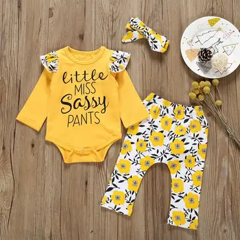 2019 Autumn Girls 6-24M Yellow Long Sleeve Romper + Floral Pant + Headband 3pcs clothes set Little Miss Sassy Pants
2019 Autumn Girls 6-24M Yellow Long Sleeve Romper + Floral Pant + Headband 3pcs clothes set Little Miss Sassy Pants