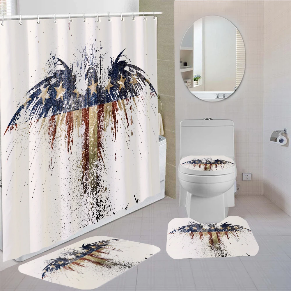 4 Pieces Curtains Eagle Shower Curtain 3D Printing Bathroom Kids Bath Sets Animal Toilet Cover Set With 12 Hooks | Дом и сад