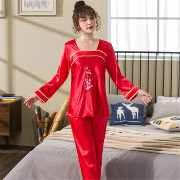 

Hanfu pajamas Chinese style costume pajamas suit long-sleeved trousers home service silky retro pijamas nightgown bathrobe