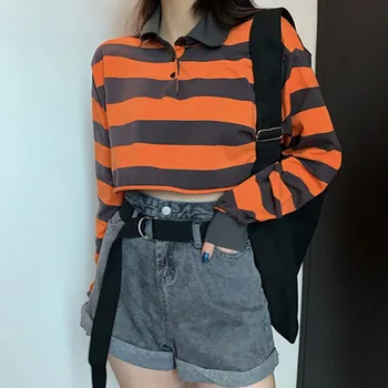 Lapel Long Sleeved T shirt Loose Hip Hop Street wear Female Short Tee Autumn Women Casual Striped T-Shirt 2019
Lapel Long Sleeved T shirt Loose Hip Hop Street wear Female Short Tee Autumn Women Casual Striped T-Shirt 2019