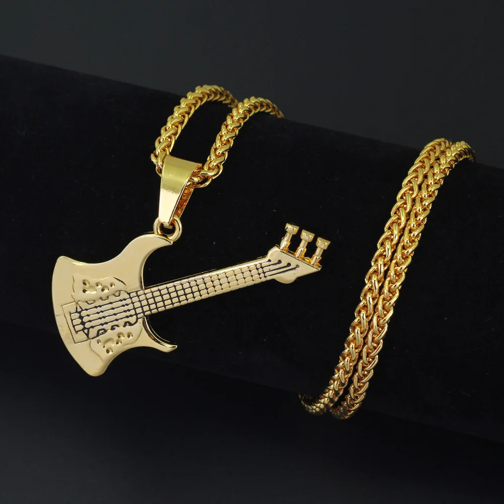 Ice out golden guitar hip hop pendant necklace men's punk rapper hip hop necklace jewelry gift Ice out golden guitar hip hop pendant necklace men's punk rapper hip hop necklace jewelry gift