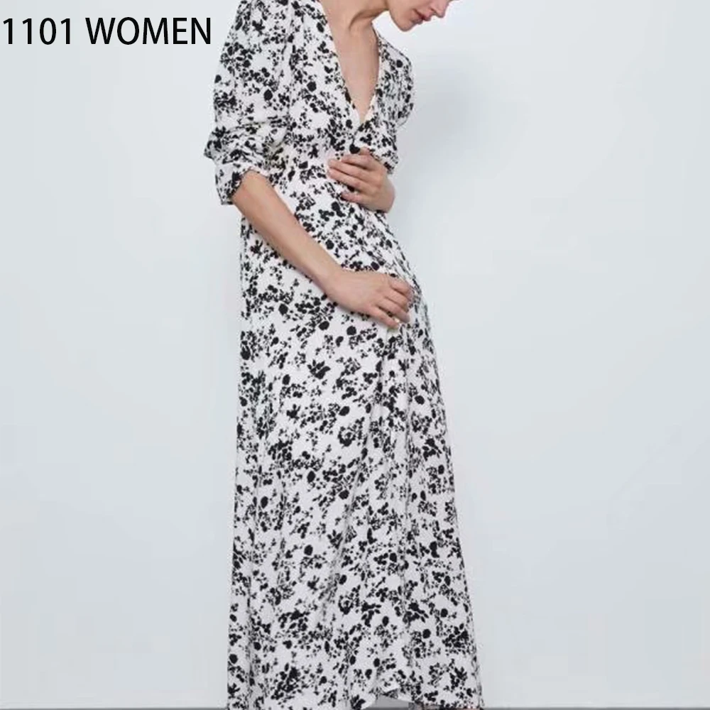 Женское платье с цветочным принтом ZA черное или белое до середины икры коротким