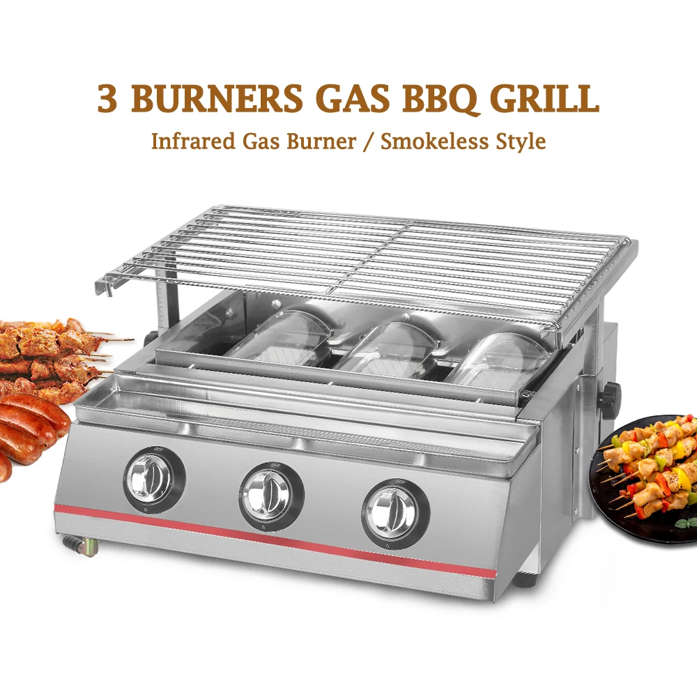 

Gas 3 Burners BBQ Grill Smokeless LPG Barbecue Stove Stainless Steel or Glass Covers Outdoor Camping Picnic Barbacoa Tools