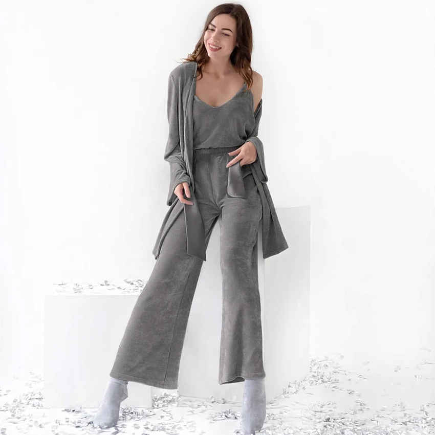 

Hiloc Ribbed Robes Women Pajama Set Woman 3 Pieces Camisole Nightie Trouser Suits Knitting Nightgown Lace Up Bathrobes Nightwear