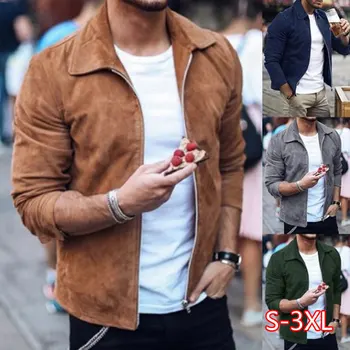 

Jacket Streetwear Coat Outwear Trendy Slim Suede Fashion Men Cotton Casual Turn-down Collar Rib Sleeve Solid Zipper China