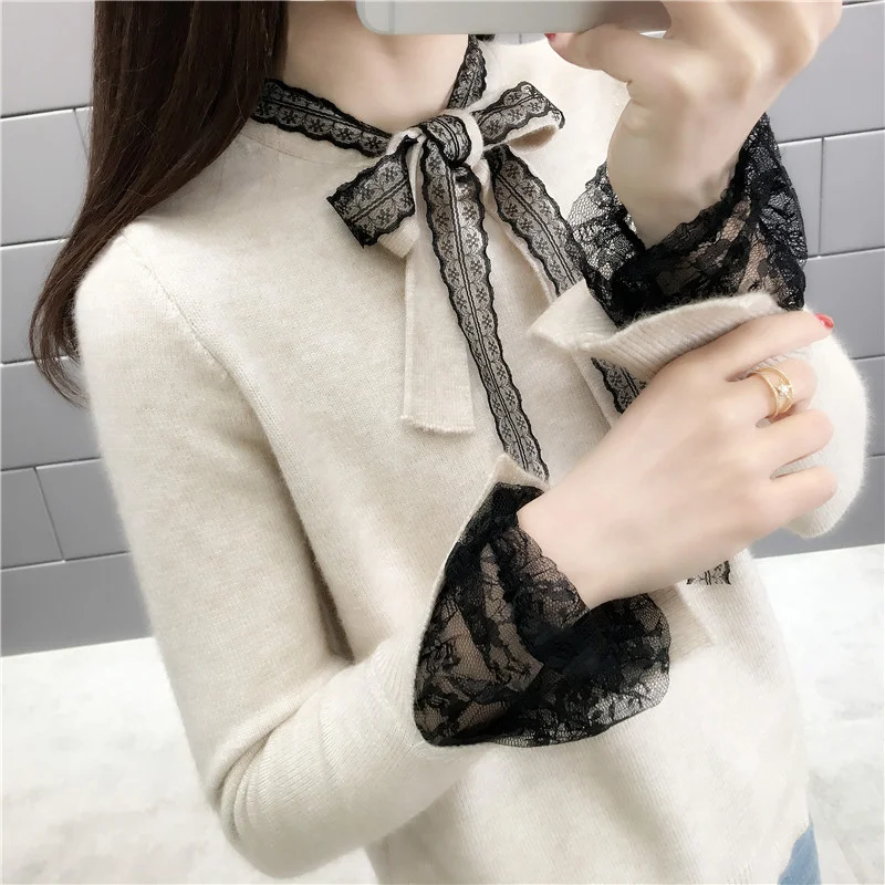Свитер женский Модный облегающий кружевной свитер с манжетами и бантом фактическое фото новой весенней корейской версии женского вязания
Свитер женский Модный облегающий кружевной свитер с манжетами и бантом фактическое фото новой весенней корейской версии женского вязания