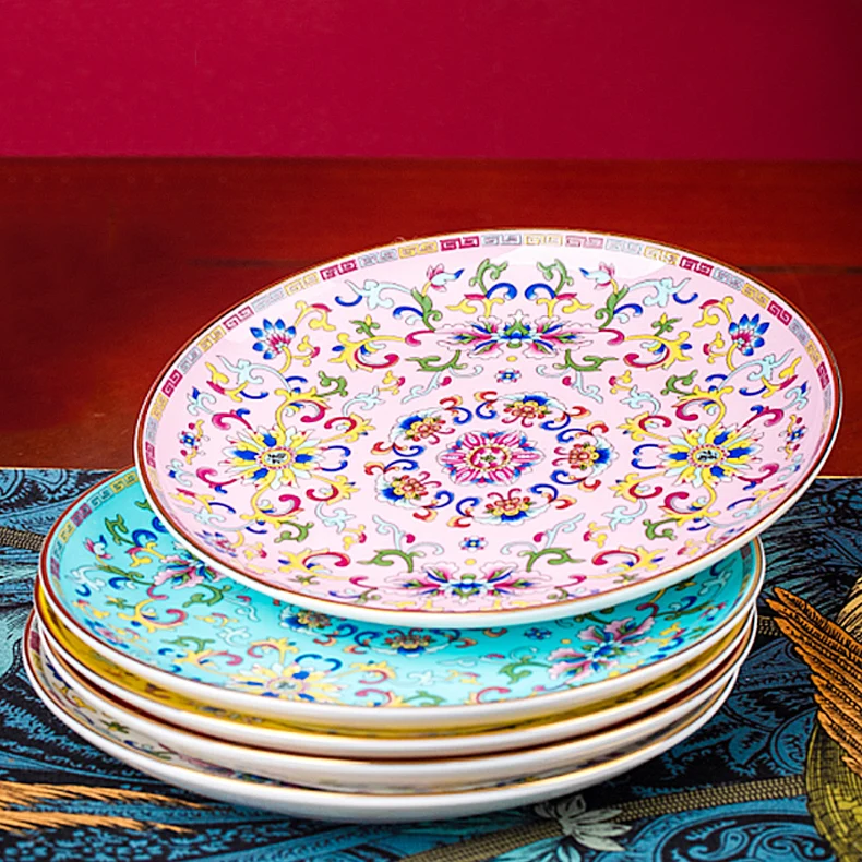 6/7/10inch Enamel Dinner Plate Jingdezhen Ceramic Bone china Porcelain Round Plates Flat Dish Palace Tableware Fruit Dishes Gift | Дом и сад