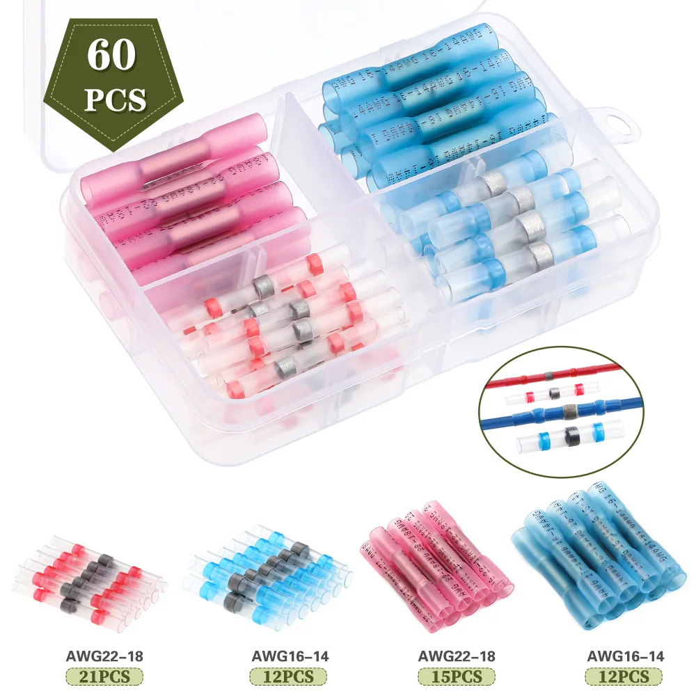 60PCS Heat Shrink Crimp Butt Connectors Waterproof Wire Connectors Solder Seal Wire Connectors Wire Terminals For Boat Car
60PCS Heat Shrink Crimp Butt Connectors Waterproof Wire Connectors Solder Seal Wire Connectors Wire Terminals For Boat Car