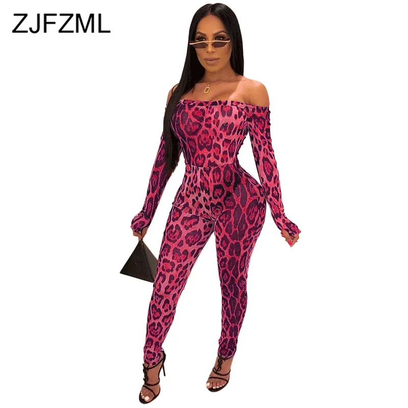 

Leopard Print Sexy Romper Womens Jumpsuit Off The Shoulder Long Sleeve Skinny Bodysuit Vintage Slash Neck Backless Party Overall