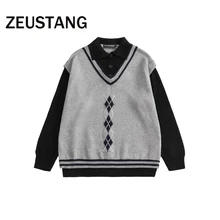 

Zeustang Fashion Streetwear Harajuku Sweaters Knitted Argyle Pullover Sweater Hip Hop Casual Loose Outerwear Tops