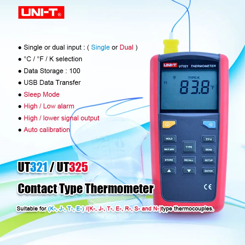 

UNI-T UT321 UT325 Contact Type Thermometer Pyrometer Industrial Temperature 1CH/2CH Data Logging Test K/J/T/E/R/S/N