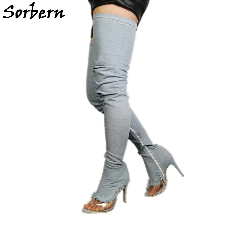 Sorbern Pale Blue Jeans Long Boots Peep Toe Transparent Pvc Customized Boots Thigh High Heel Stilettos Sexy Fetish Shoe Ladies
Sorbern Pale Blue Jeans Long Boots Peep Toe Transparent Pvc Customized Boots Thigh High Heel Stilettos Sexy Fetish Shoe Ladies