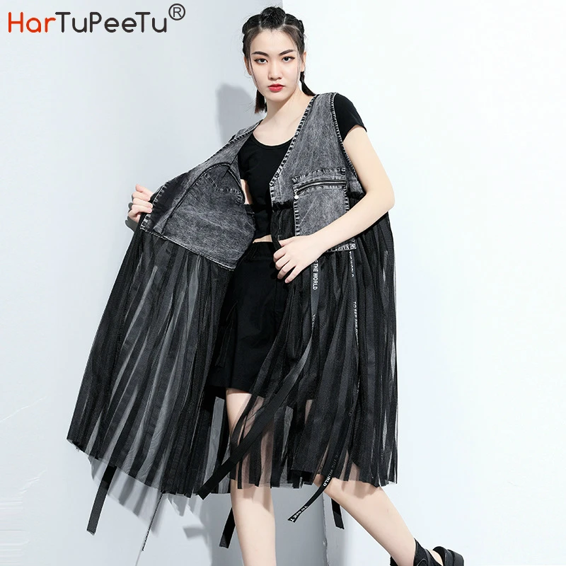 Stylish Jeans Vest Long Women Cardigan Summer Oversize Sleeveless Outwear Patchwork Pleated Mesh Ribbons Zipper Pockers Decorate
Stylish Jeans Vest Long Women Cardigan Summer Oversize Sleeveless Outwear Patchwork Pleated Mesh Ribbons Zipper Pockers Decorate
