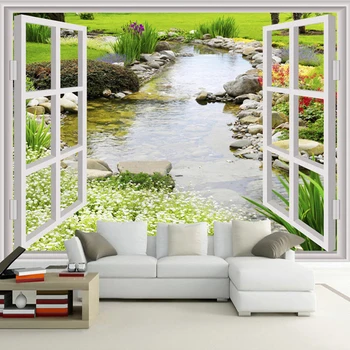 

Custom Wall Mural Wallpaper Modern Simple 3D Window Garden Small River Flower Grass Fresco Living Room Bedroom Photo Wall Paper