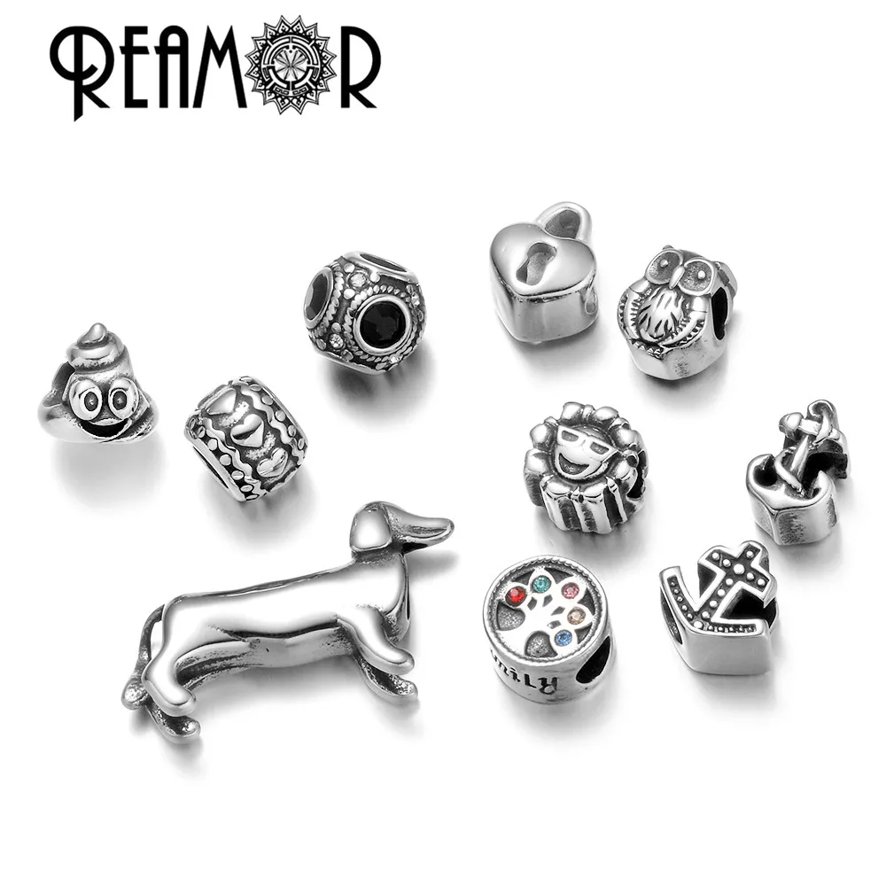 

REAMOR Stainless Steel Dachshund Cylinder Anchor Cartoon Sun Owl Heart Crystal Spacer Beads For DIY Bracelet Jewelry Findings